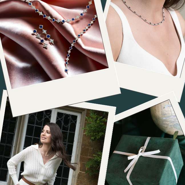 ollage of luxury jewellery on pink fabric, model wearing necklace, and green gift box with ribbon