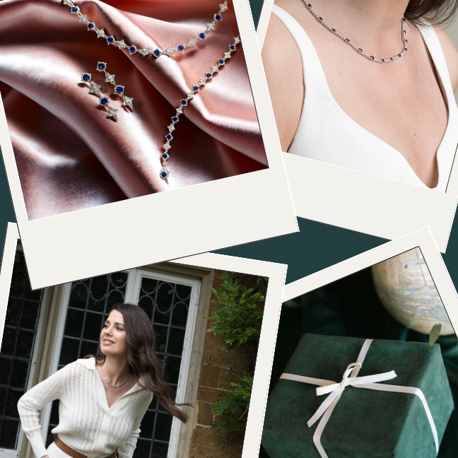 ollage of luxury jewellery on pink fabric, model wearing necklace, and green gift box with ribbon